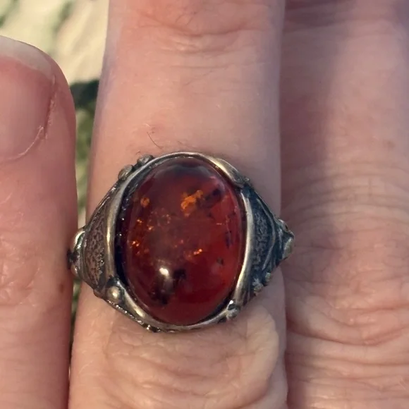 Vintage Sterling Silver Baltic Amber Ring Cognac Cabochon Size 4.5 - Picture 2 of 6